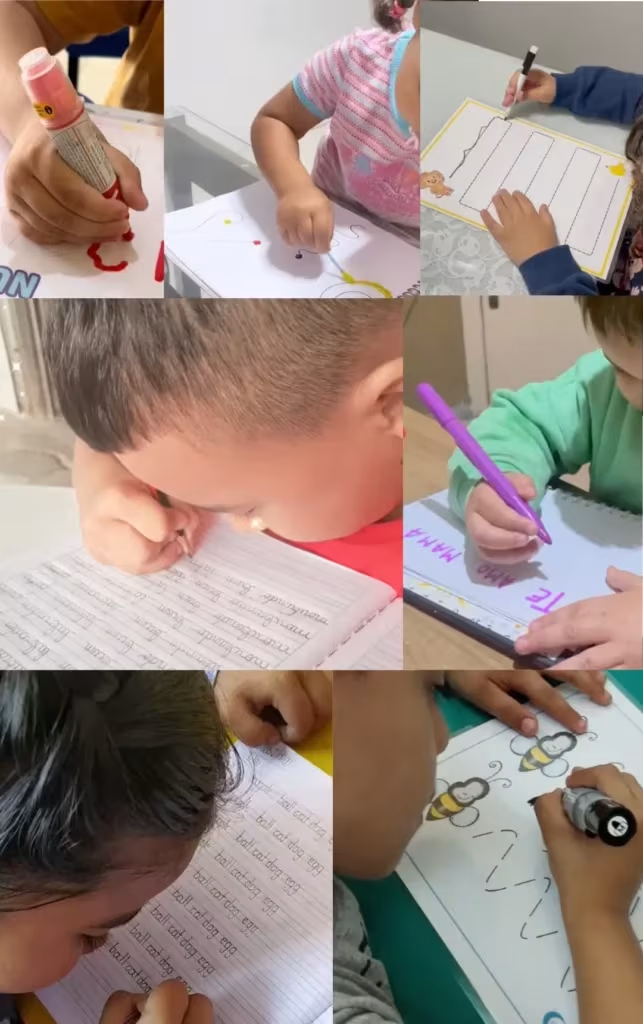 Crianças reais aprendendo a escrever com o Método Primeiras Letras